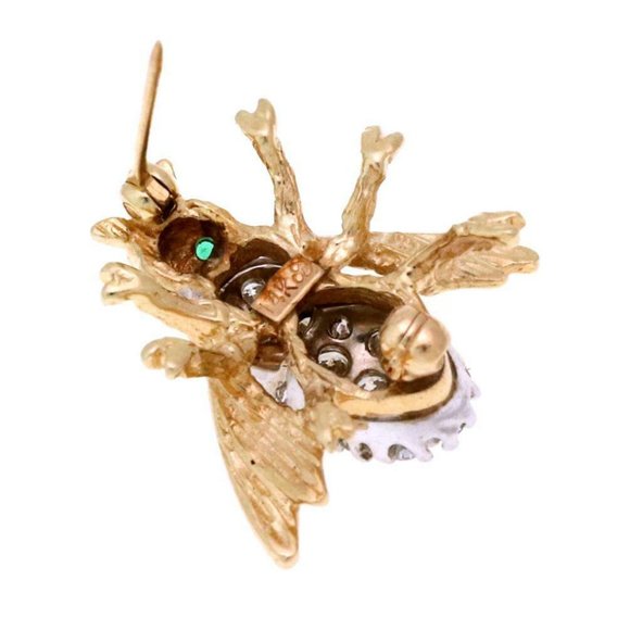 Vintage 1.00ct Diamond Emerald 14k Gold Bee Brooch - Picture 3 of 4